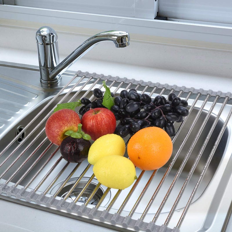 Hhyn Roll Up Dish Drying Rack Over The Sink 17.7"(L) x 15.6"(W), Multipurpose Foldable Stainless Steel Kitchen Rollable Drainer Rack, Gray - Image 5